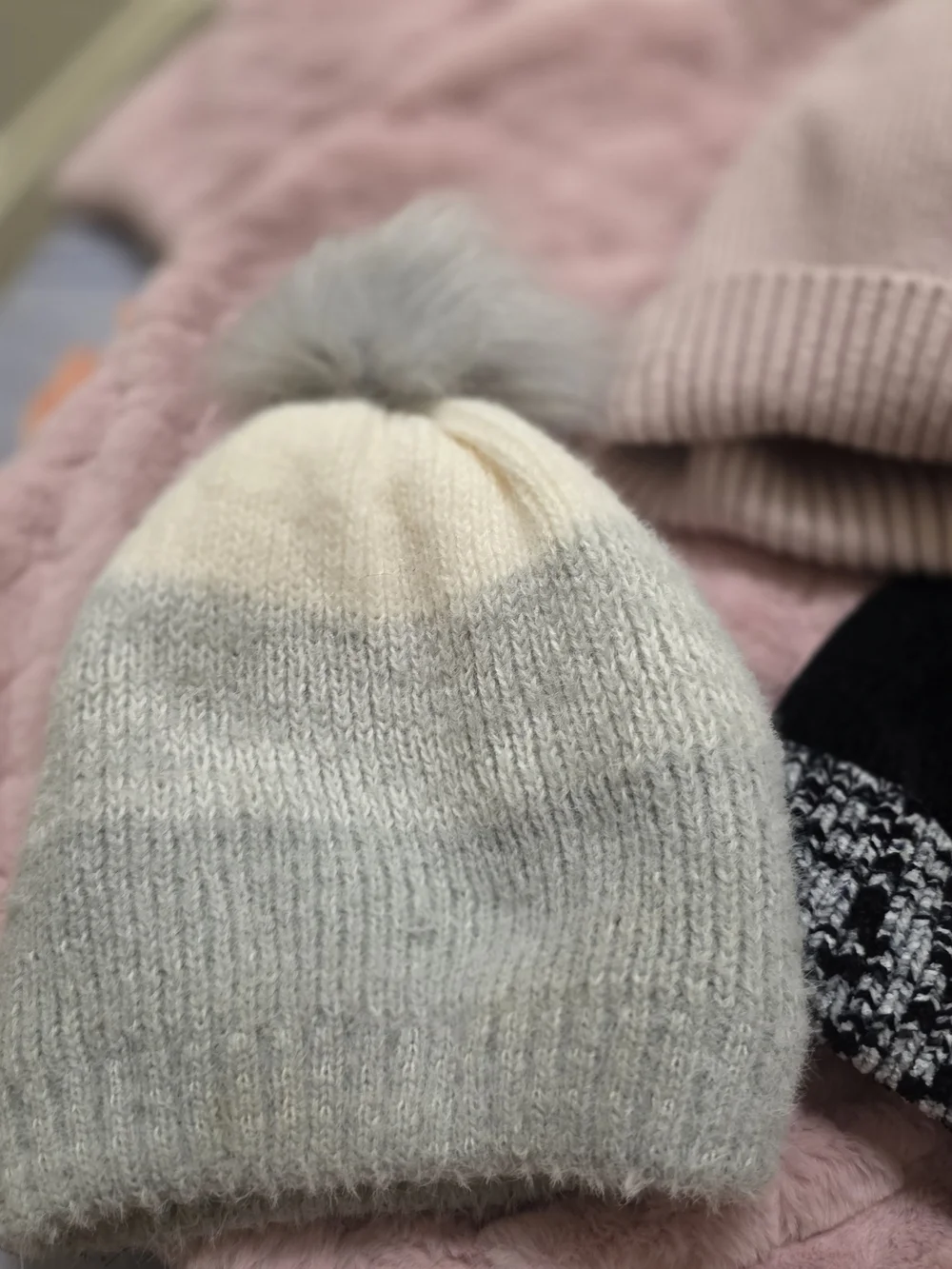 Kids Soft Knit Beanie Hat - Pink, Black, Cream